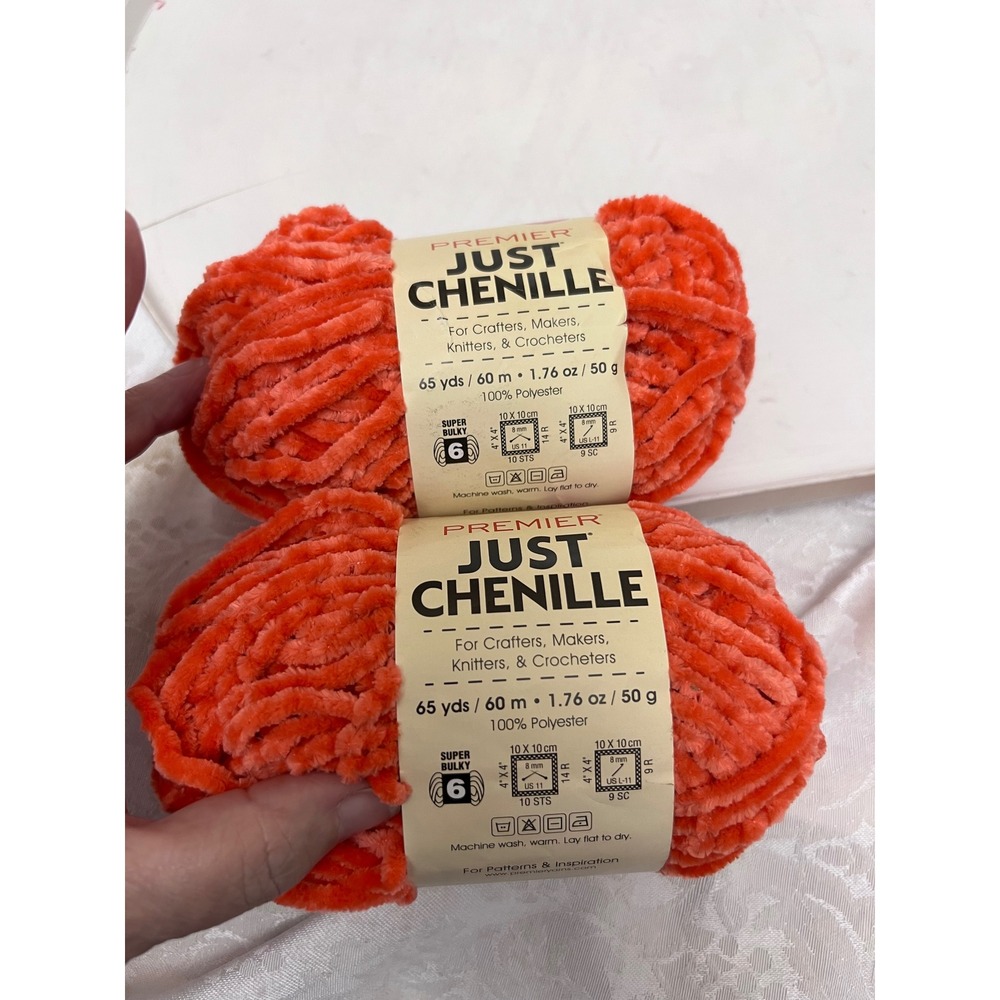 Premier Just Chenille Yarn Orange Super Bulky 6 Polyester 2 Skeins 65 Yards Each
